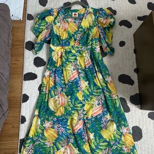 Tropical Print Midi Dress - Green & Yellow